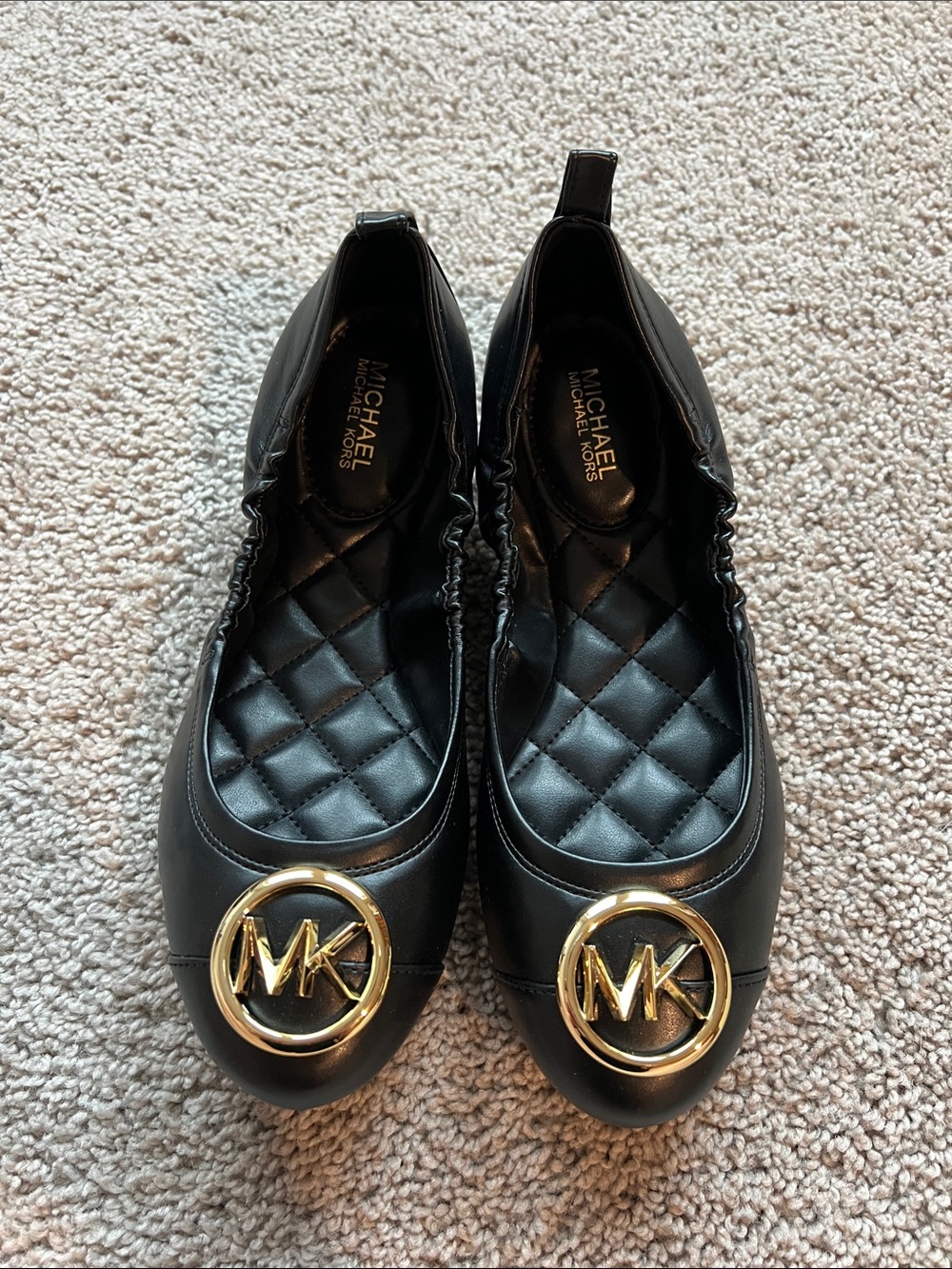 Michael Kors Black Quilted Leather Ballet Flats with Gold MK Medallion